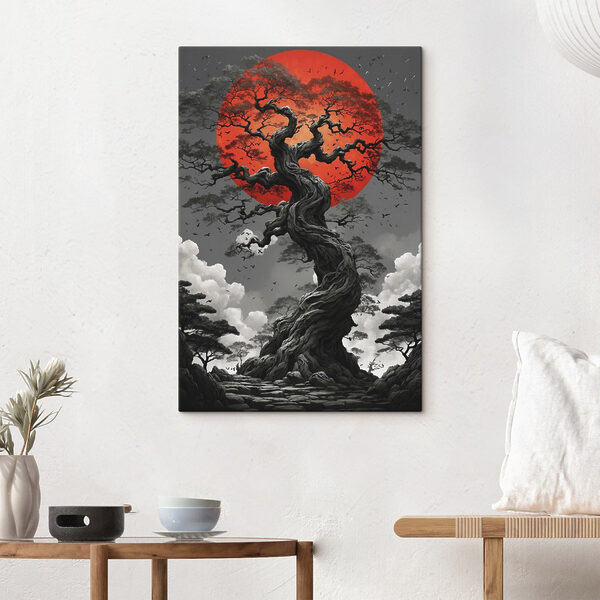 Tree with a red sun behind it Tree with a red sun behind it