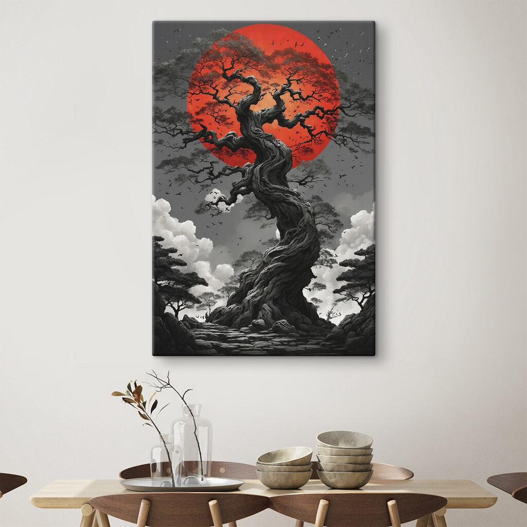Tree with a red sun behind it Tree with a red sun behind it