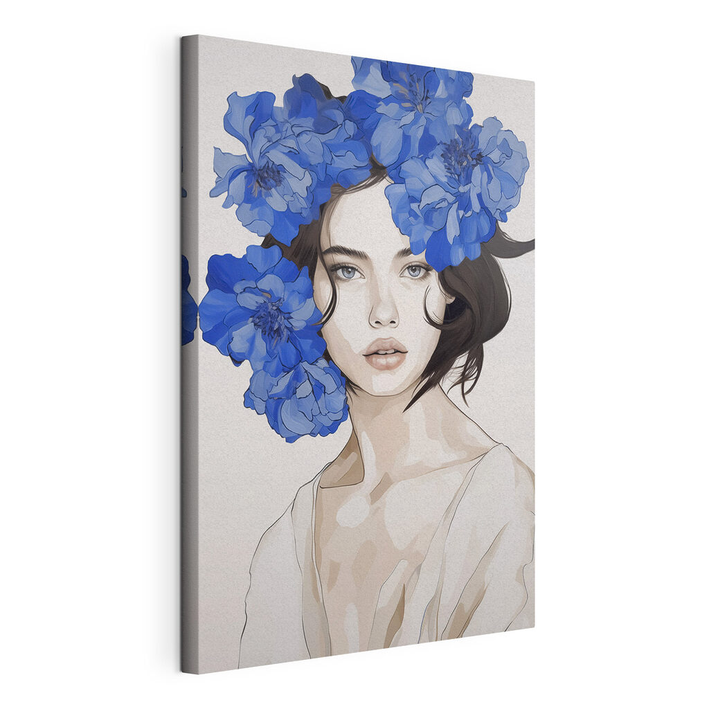 Woman with blue flowers on her head Woman with blue flowers on her head