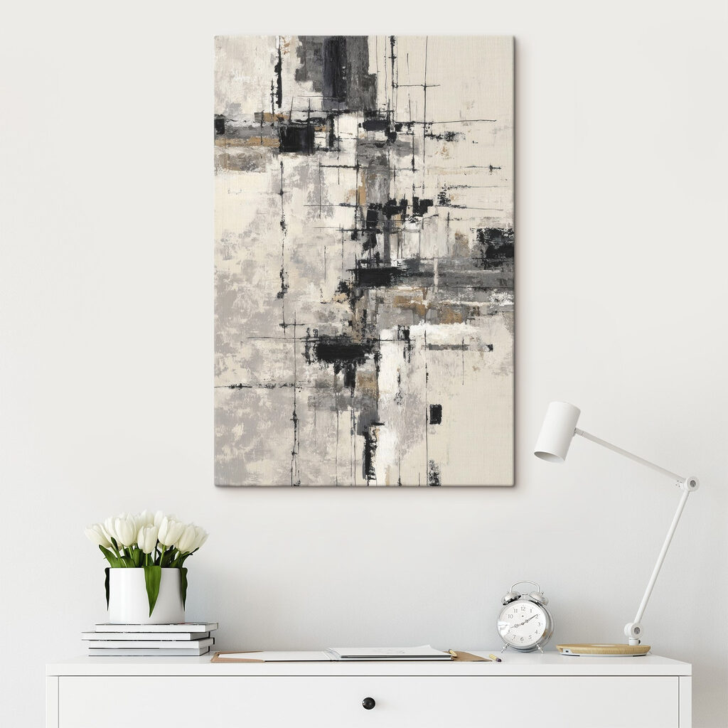 Painting of a white wall with black and white squares