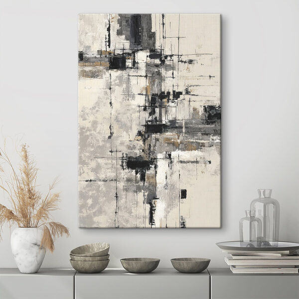 Painting of a white wall with black and white squares