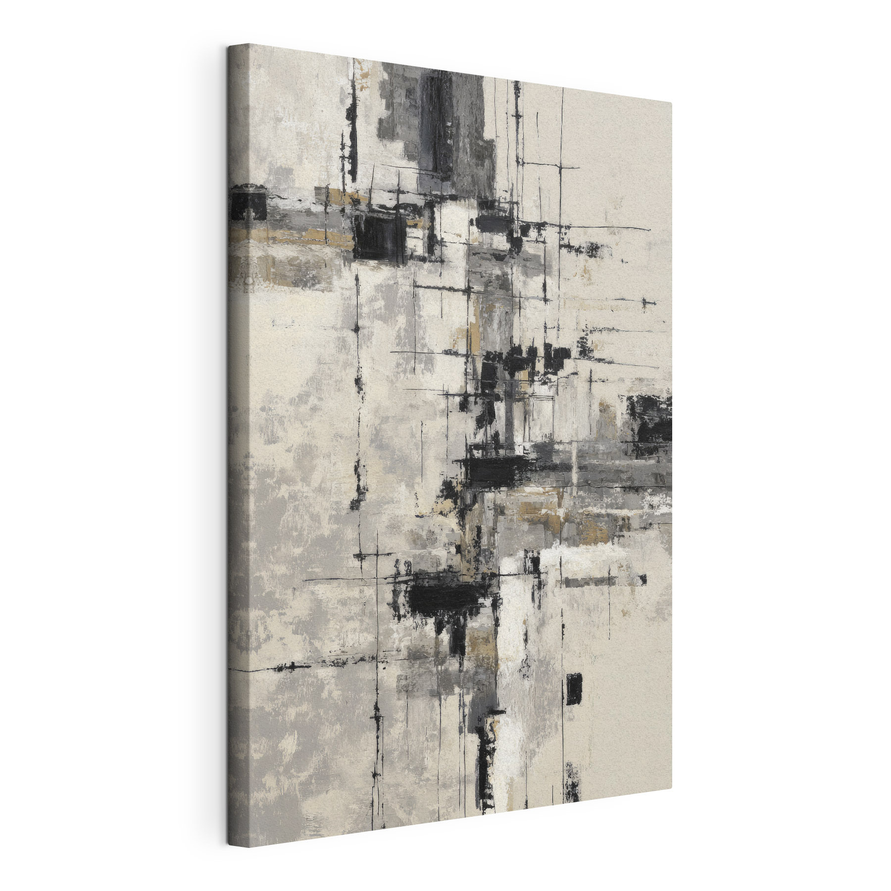 Painting of a white wall with black and white squares Painting of a white wall with black and white squares