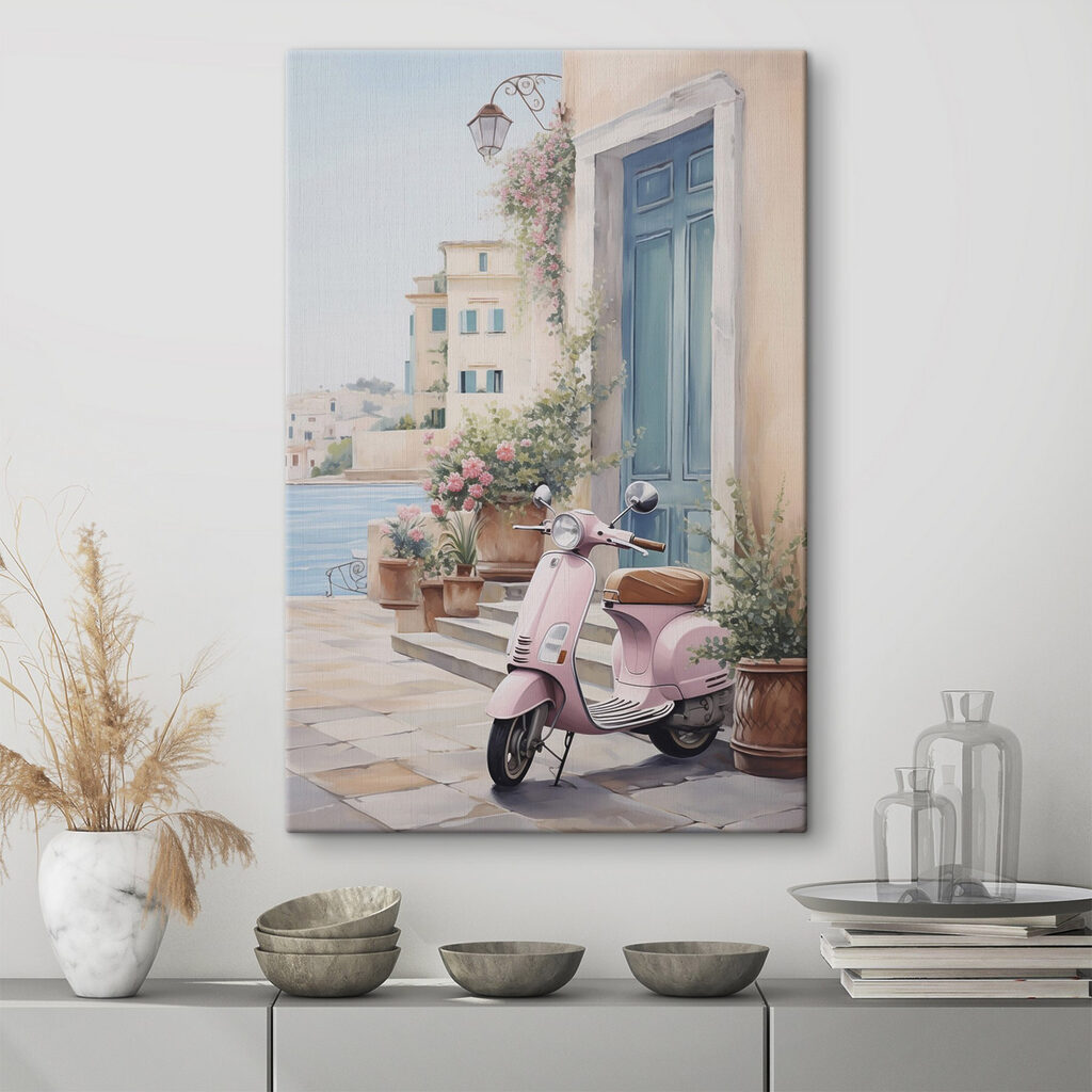 Pink scooter parked on a stone sidewalk next to a door Pink scooter parked on a stone sidewalk next to a door
