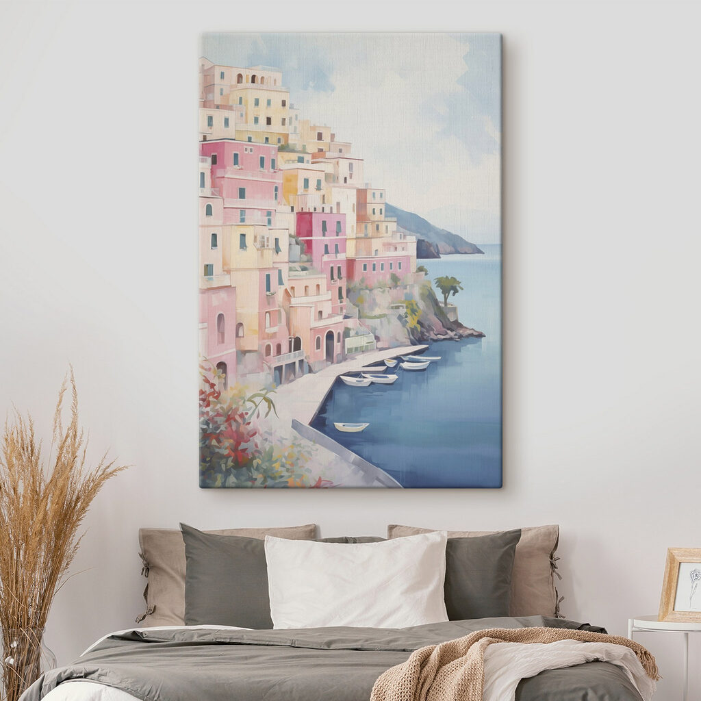 Painting of a colorful building on a hill next to a body of water Painting of a colorful building on a hill next to a body of water