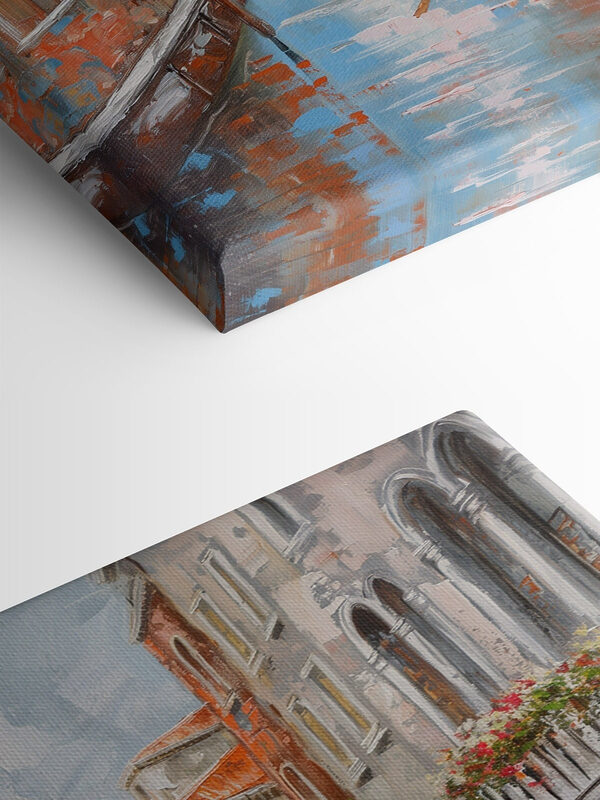 Painting of a canal with a gondola in the middle of a city Painting of a canal with a gondola in the middle of a city