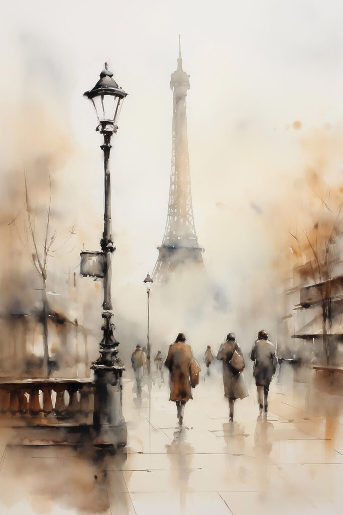 Watercolor of people walking on a sidewalk Watercolor of people walking on a sidewalk