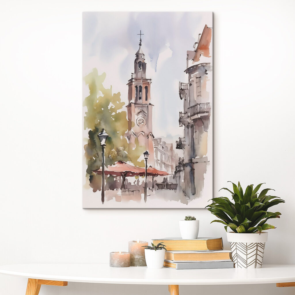 Watercolor of a building with a clock tower
