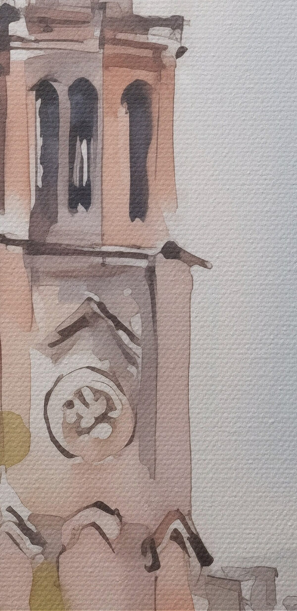 Watercolor of a building with a clock tower