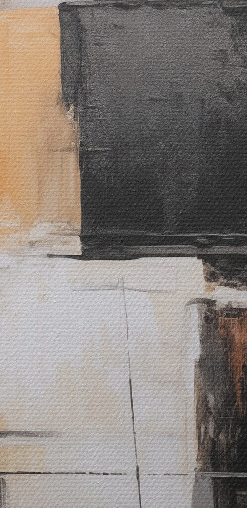 Painting of a white wall with black squares and brown squares