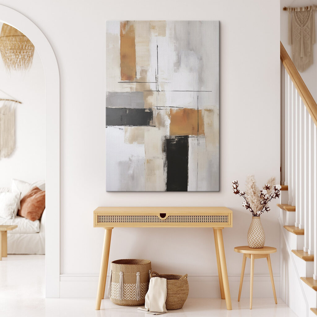 Painting of a white wall with black and brown squares Painting of a white wall with black and brown squares
