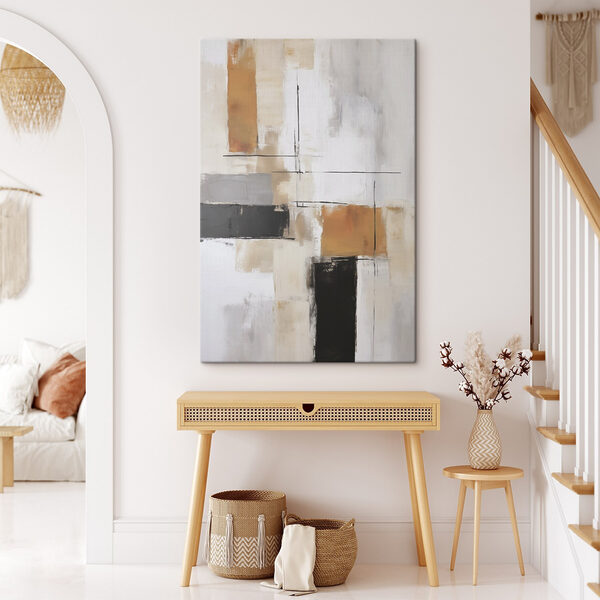 Painting of a white wall with black and brown squares Painting of a white wall with black and brown squares