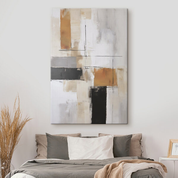 Painting of a white wall with black and brown squares Painting of a white wall with black and brown squares