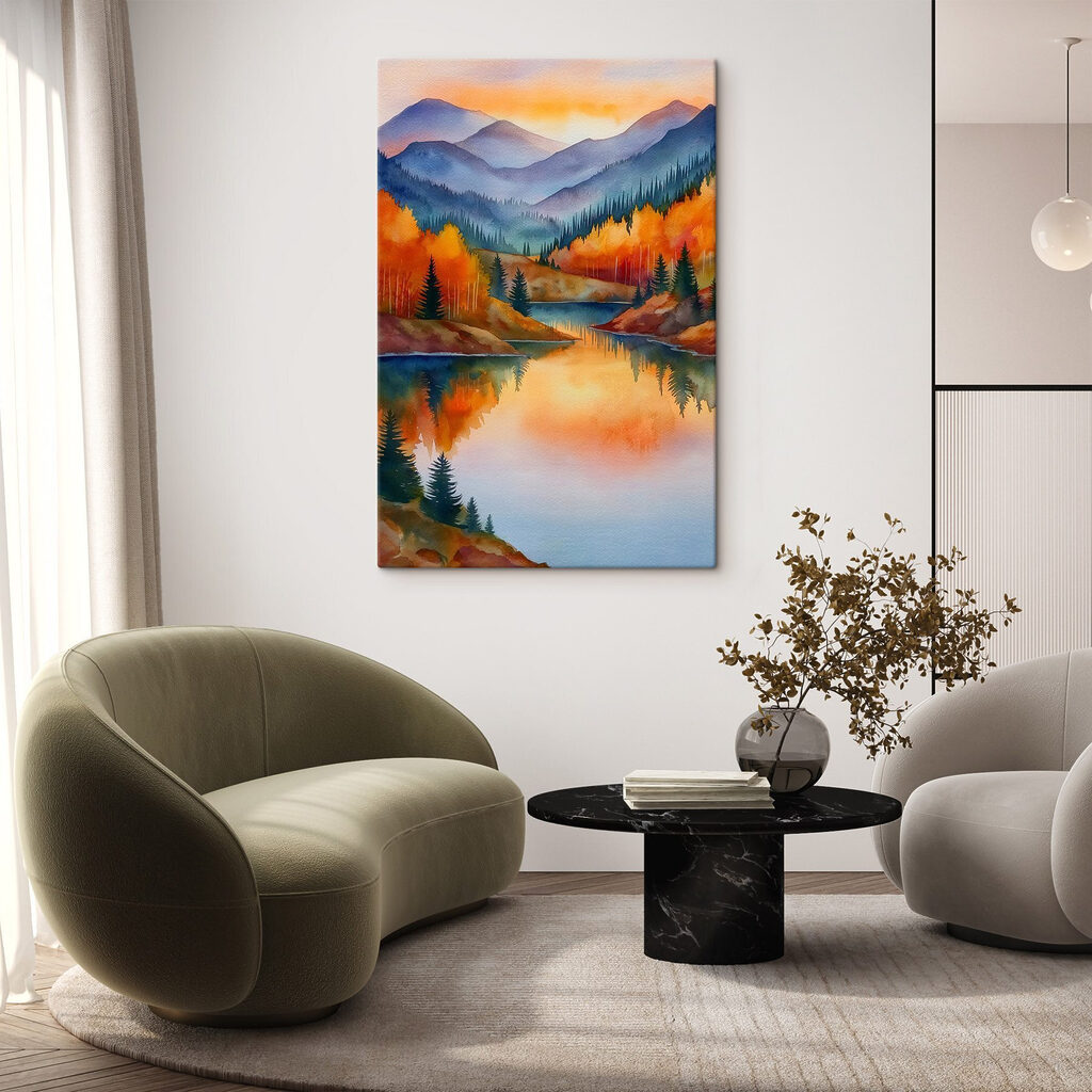 Watercolor painting of a lake surrounded by trees Watercolor painting of a lake surrounded by trees