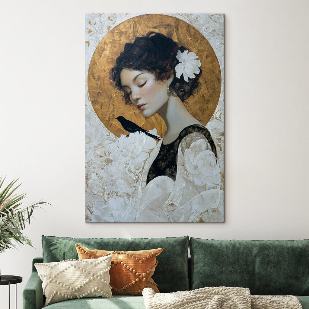 Painting of a woman with a bird on her shoulder Painting of a woman with a bird on her shoulder