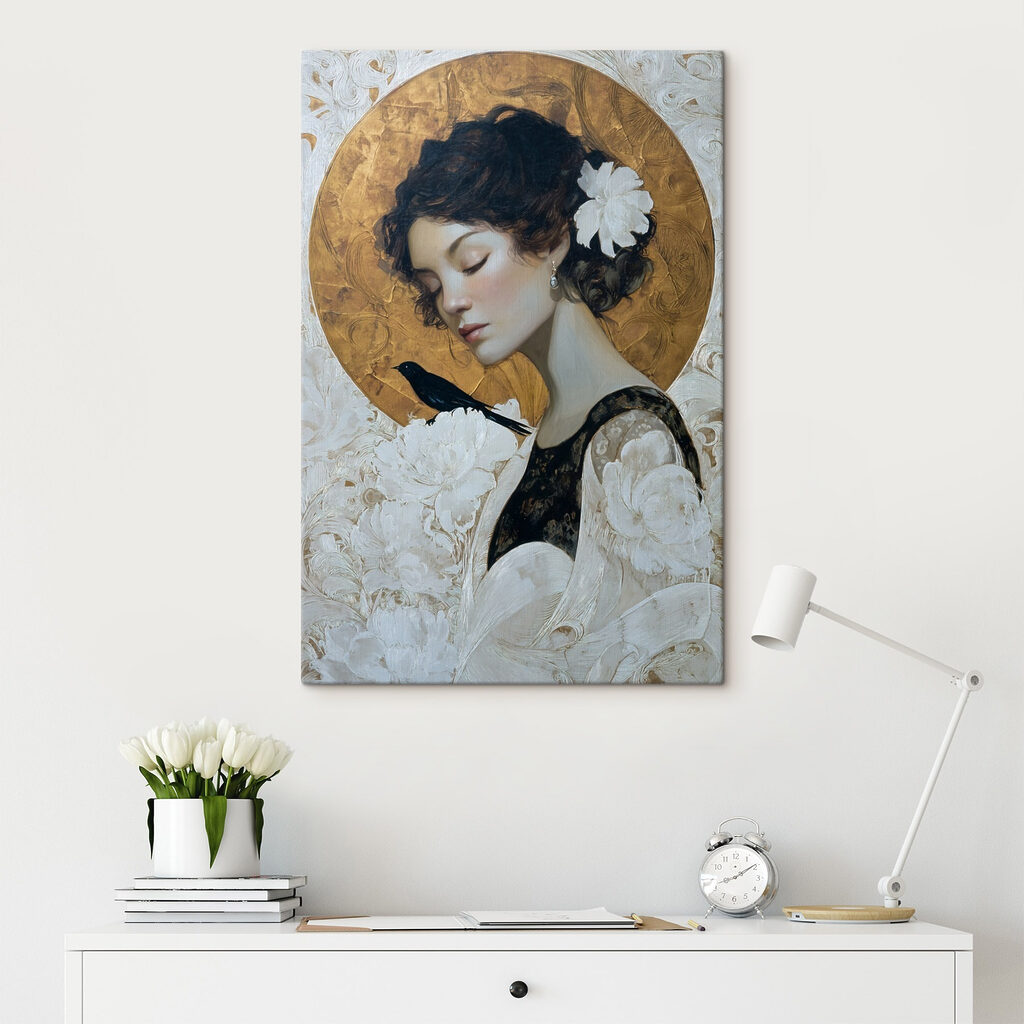 Painting of a woman with a bird on her shoulder Painting of a woman with a bird on her shoulder