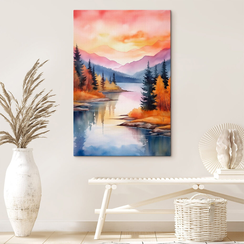Watercolor painting of a lake surrounded by trees and mountains