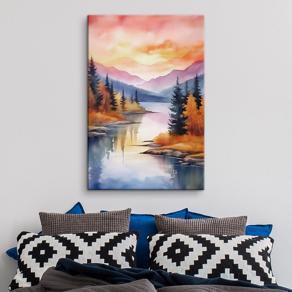 Watercolor painting of a lake surrounded by trees and mountains