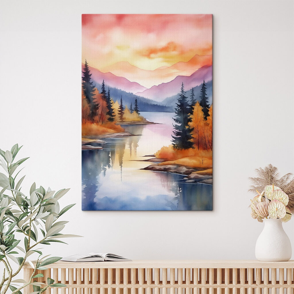 Watercolor painting of a lake surrounded by trees and mountains