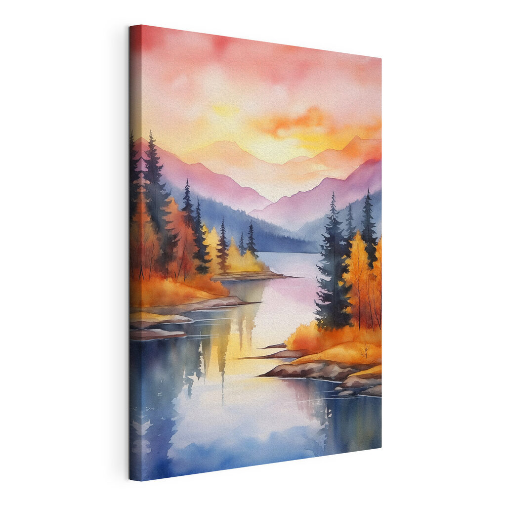 Watercolor painting of a lake surrounded by trees and mountains