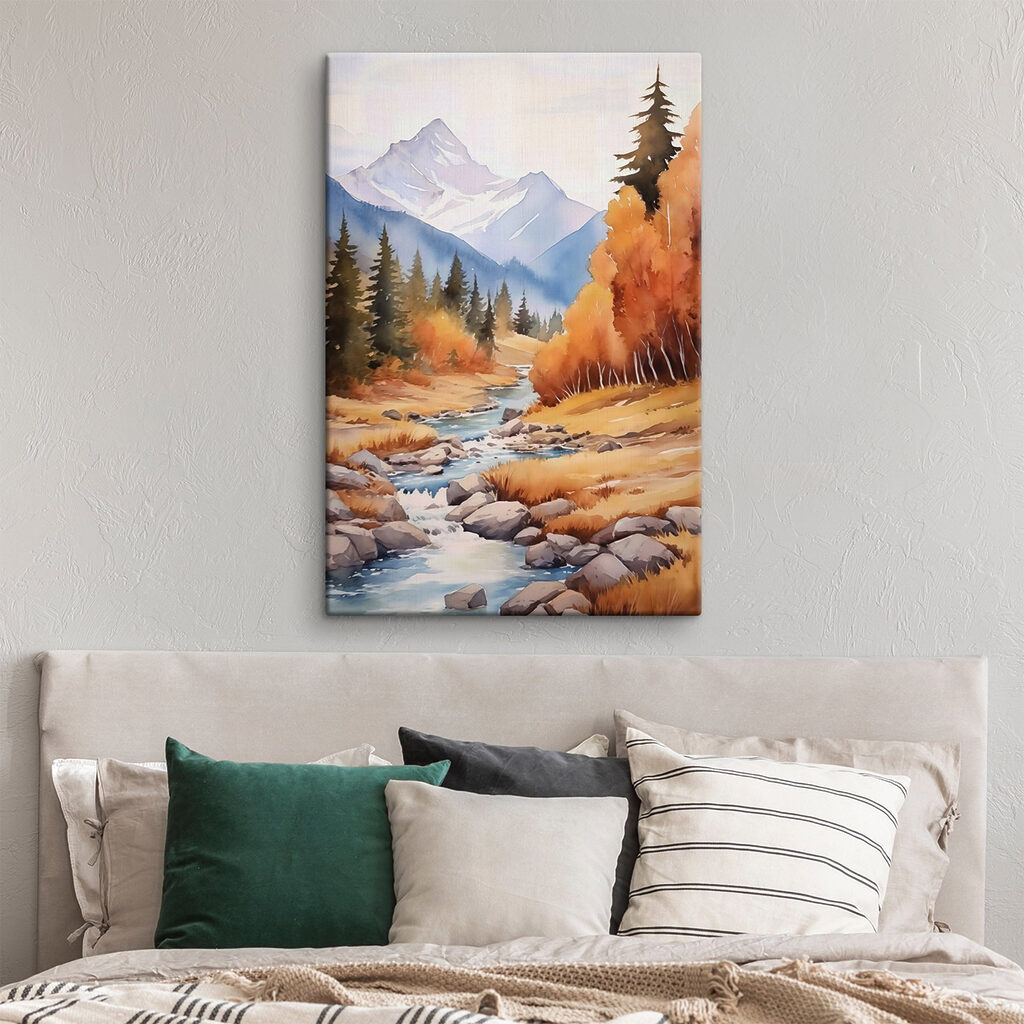 Watercolor painting of a river running through a forest Watercolor painting of a river running through a forest