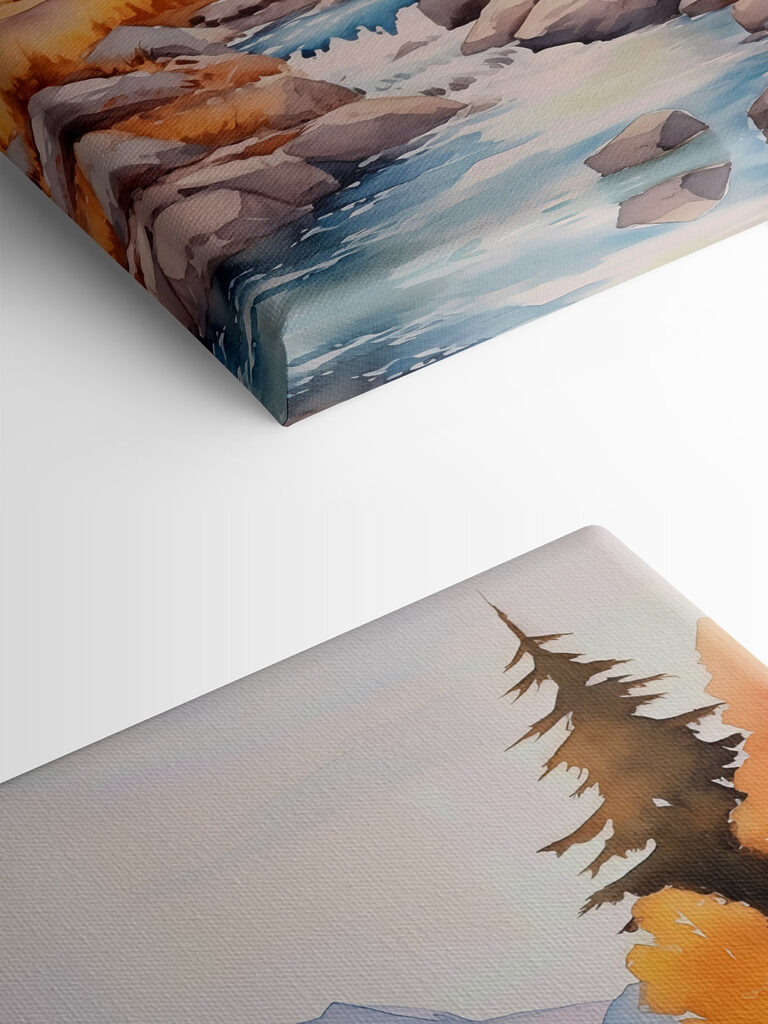 Watercolor painting of a river running through a forest Watercolor painting of a river running through a forest