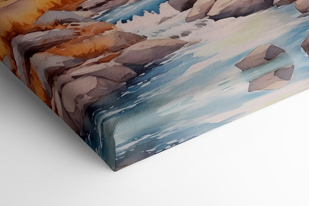 Watercolor painting of a river running through a forest Watercolor painting of a river running through a forest