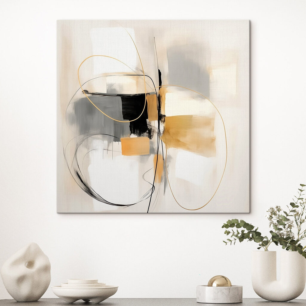 Painting of a white wall with black and yellow circles and lines