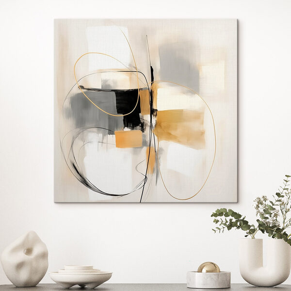 Painting of a white wall with black and yellow circles and lines