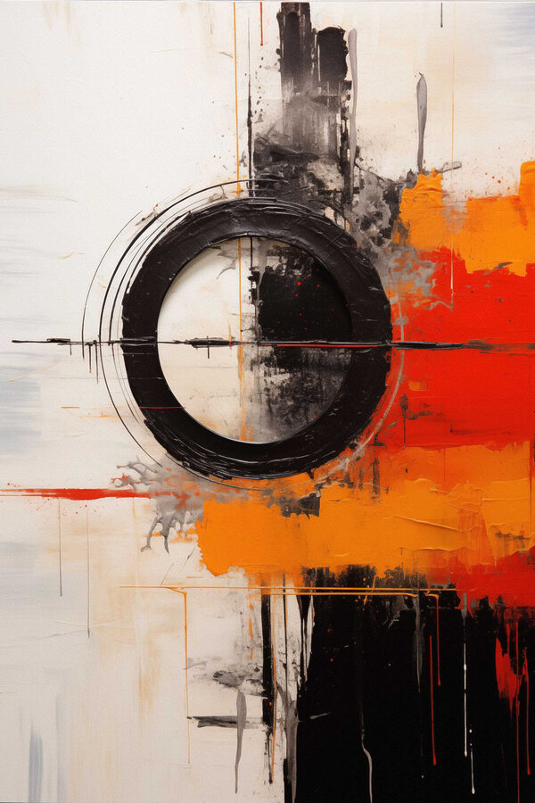 Black circle with orange and black paint