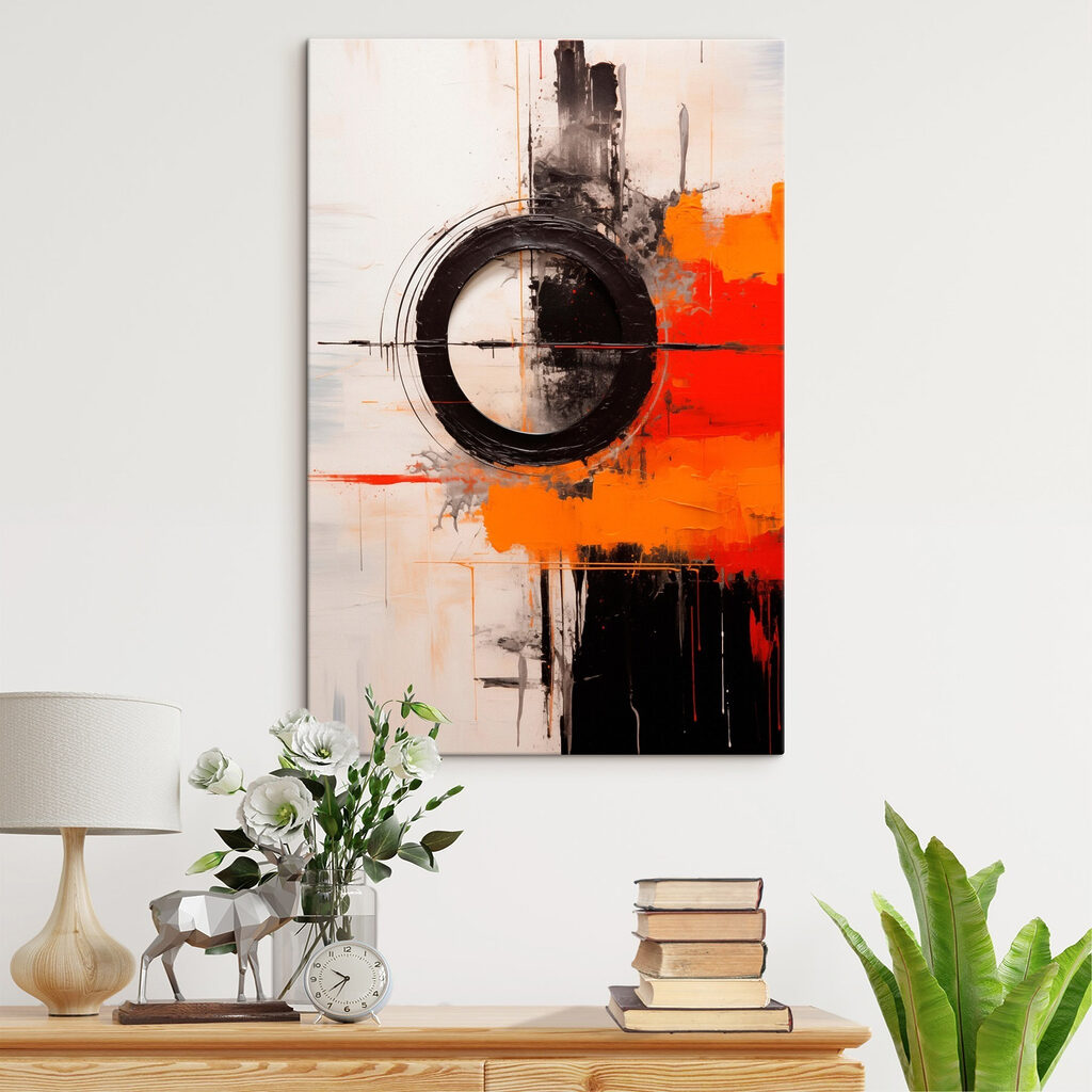 Black circle with orange and black paint