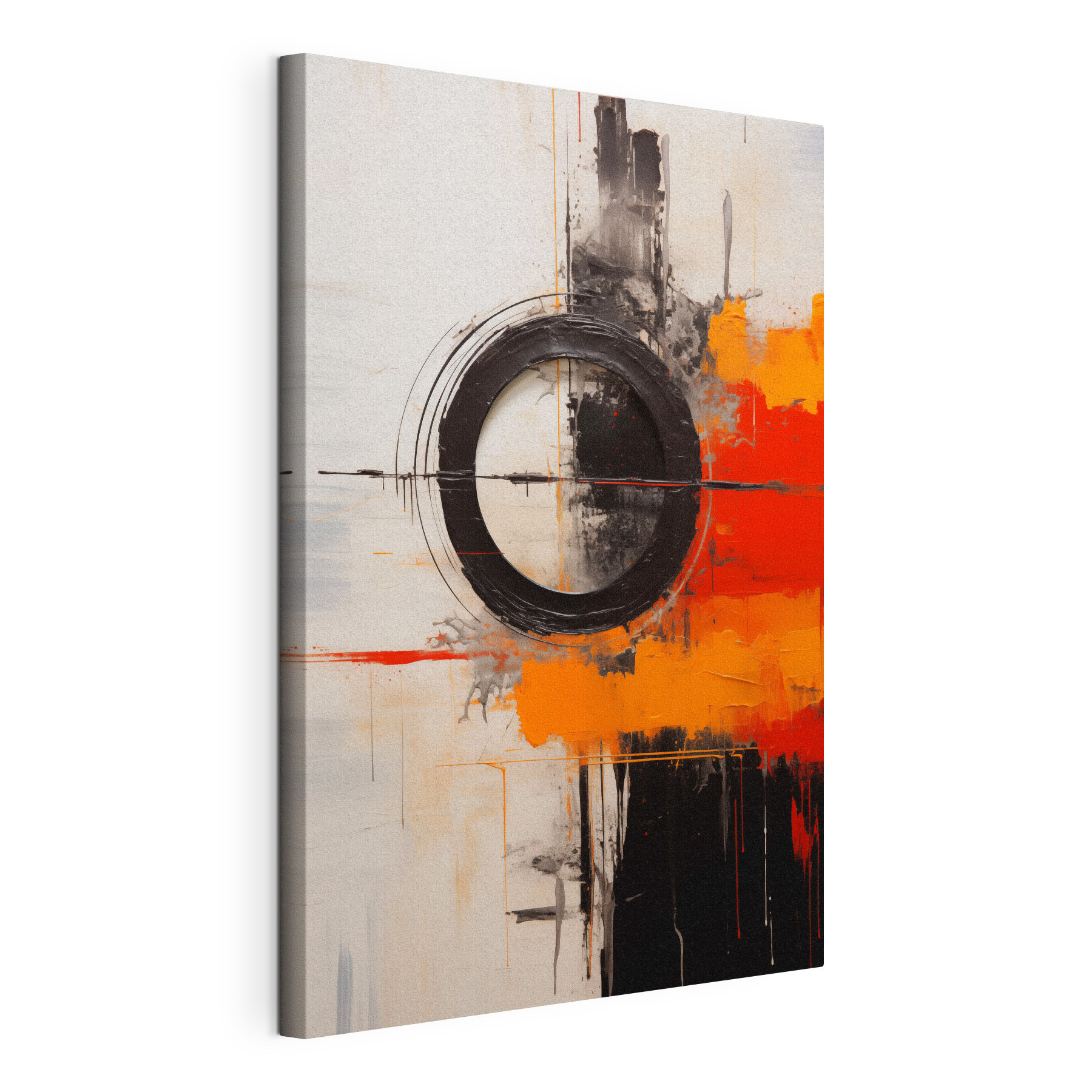 Black circle with orange and black paint
