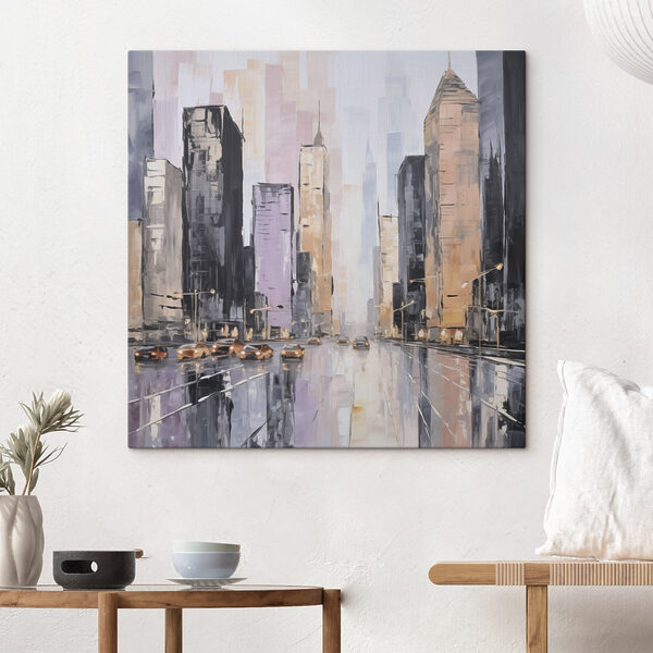 Painting of a city street with cars and buildings Painting of a city street with cars and buildings