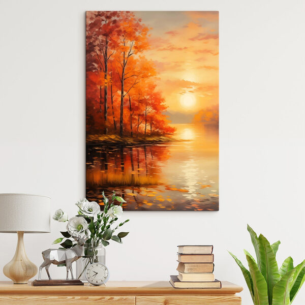 Painting of a lake with trees and orange leaves Painting of a lake with trees and orange leaves