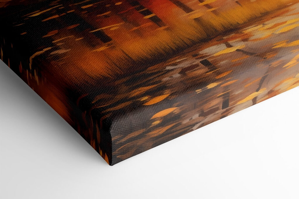 Painting of a lake with trees and orange leaves Painting of a lake with trees and orange leaves