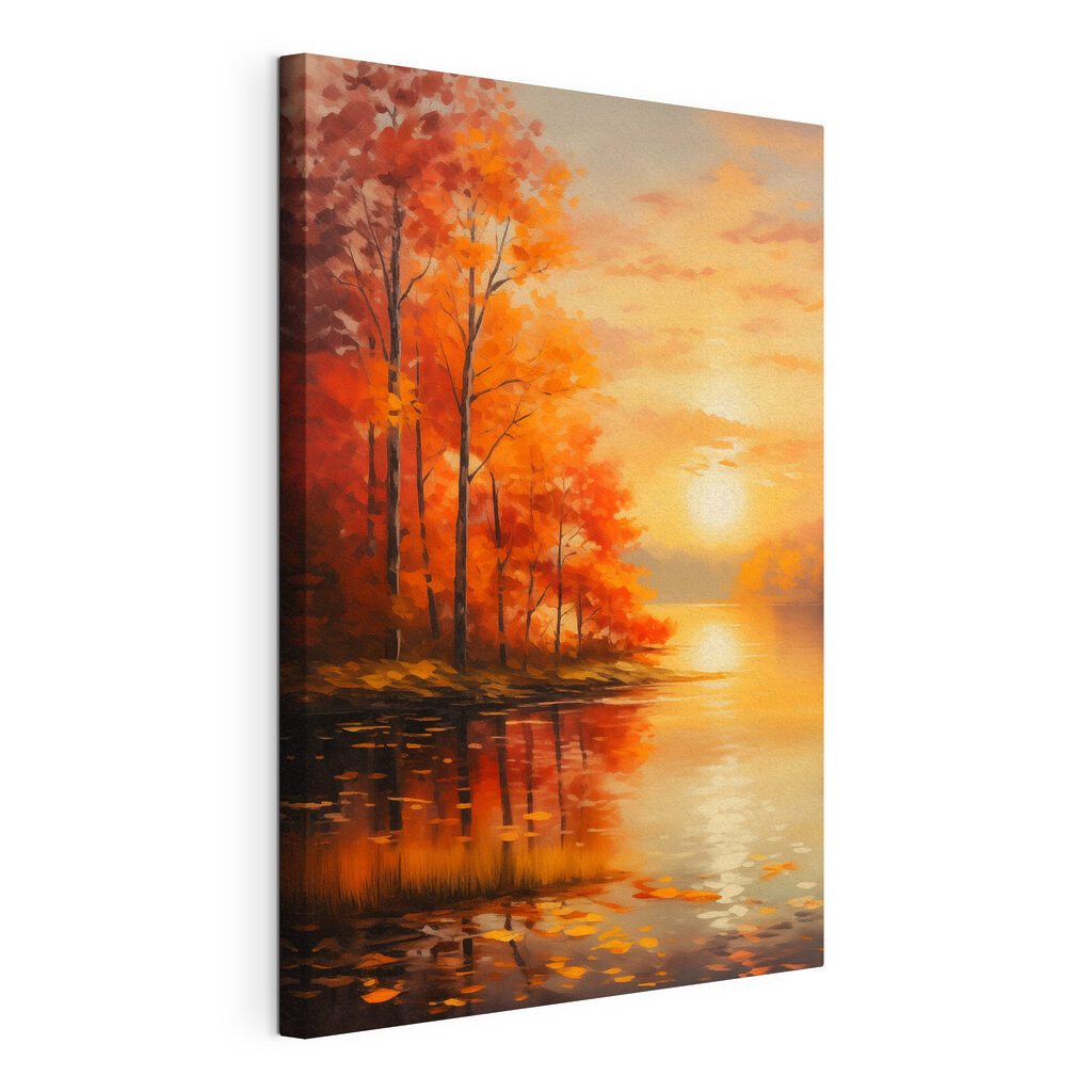 Painting of a lake with trees and orange leaves Painting of a lake with trees and orange leaves