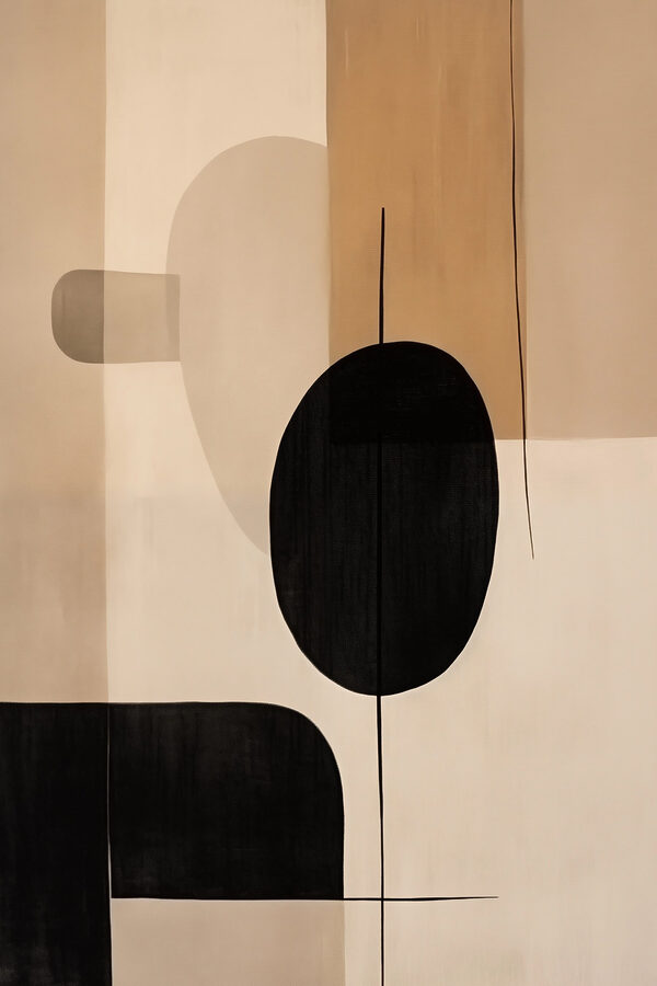 Painting of a black and white circle and oval shapes