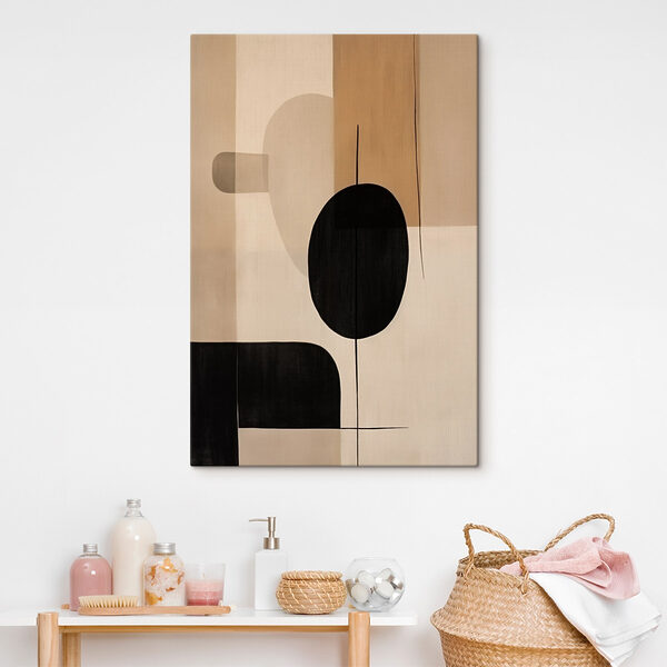 Painting of a black and white circle and oval shapes