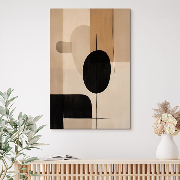 Painting of a black and white circle and oval shapes