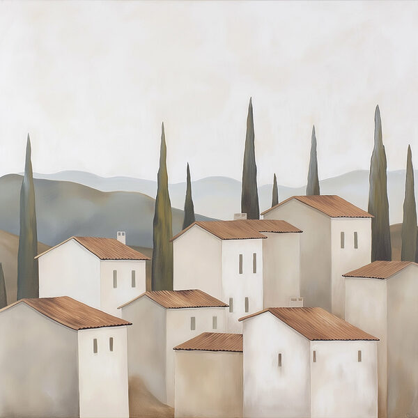 Group of white buildings with brown roofs and trees