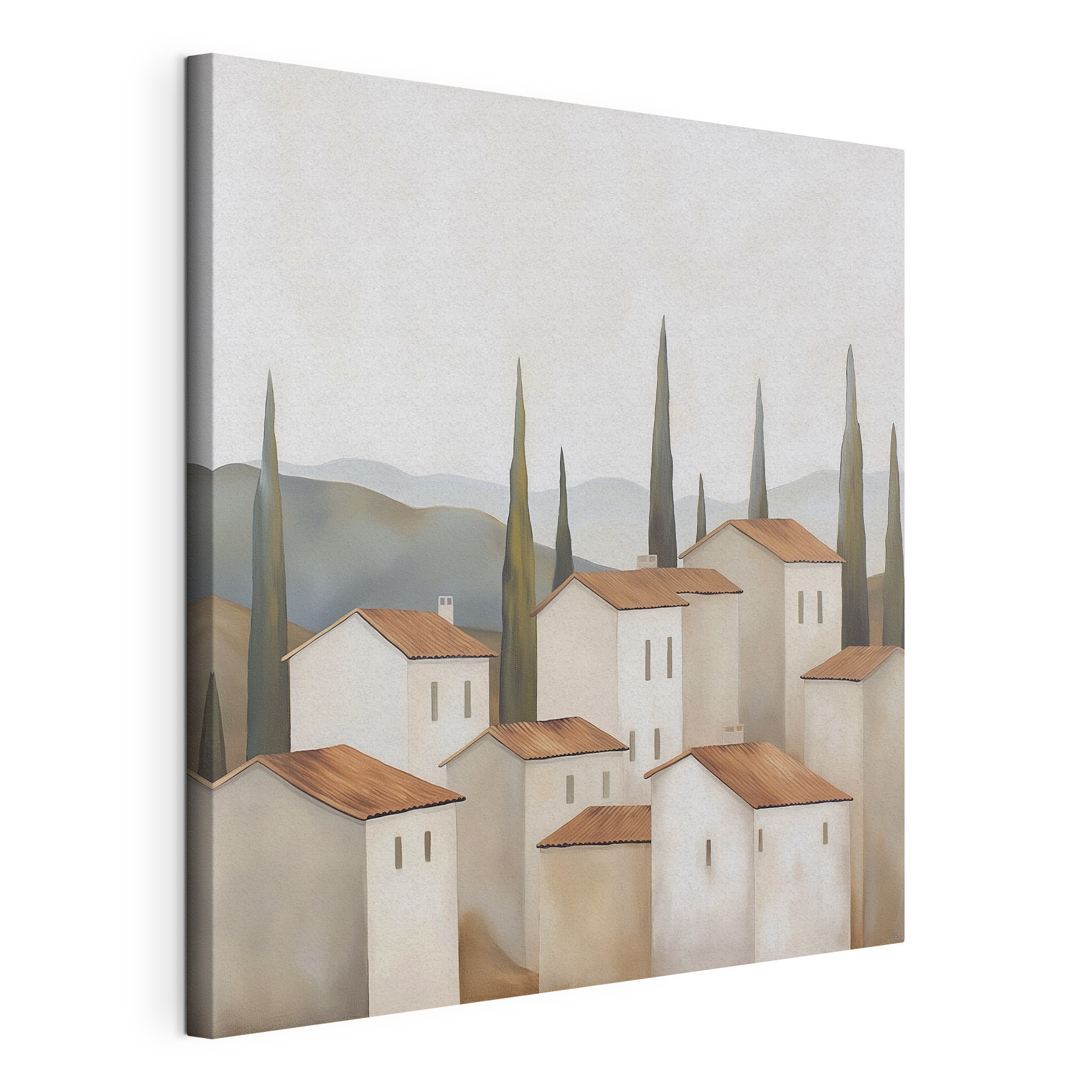 Group of white buildings with brown roofs and trees