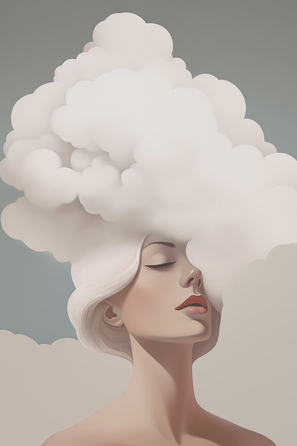 Woman with white hair and clouds in her hair
