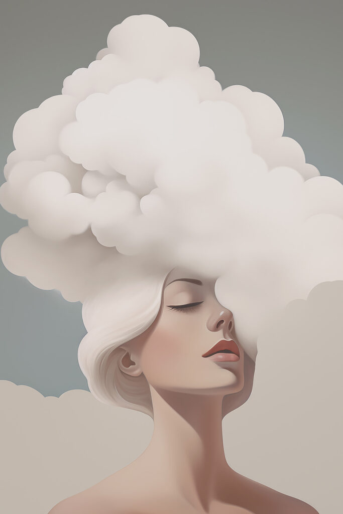 Woman with white hair and clouds in her hair