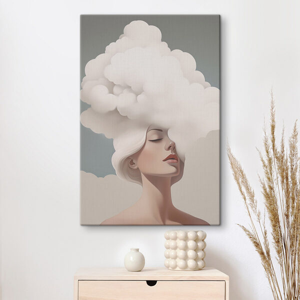 Woman with white hair and clouds in her hair