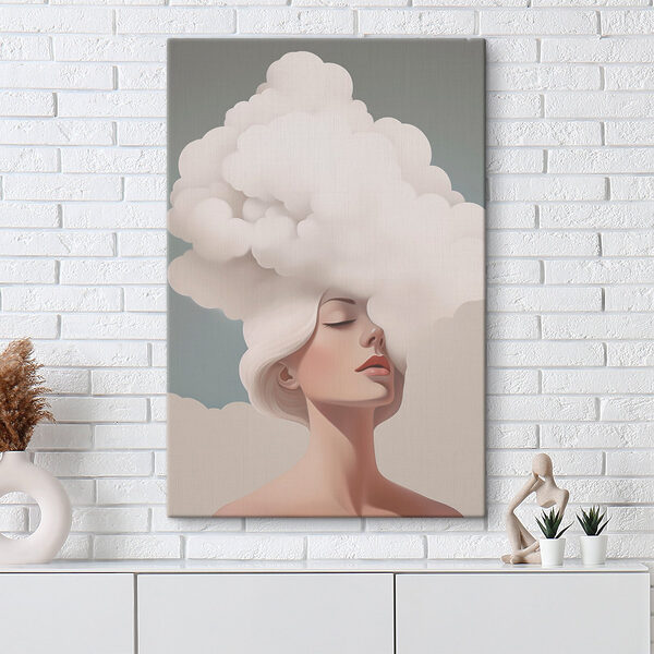 Woman with white hair and clouds in her hair