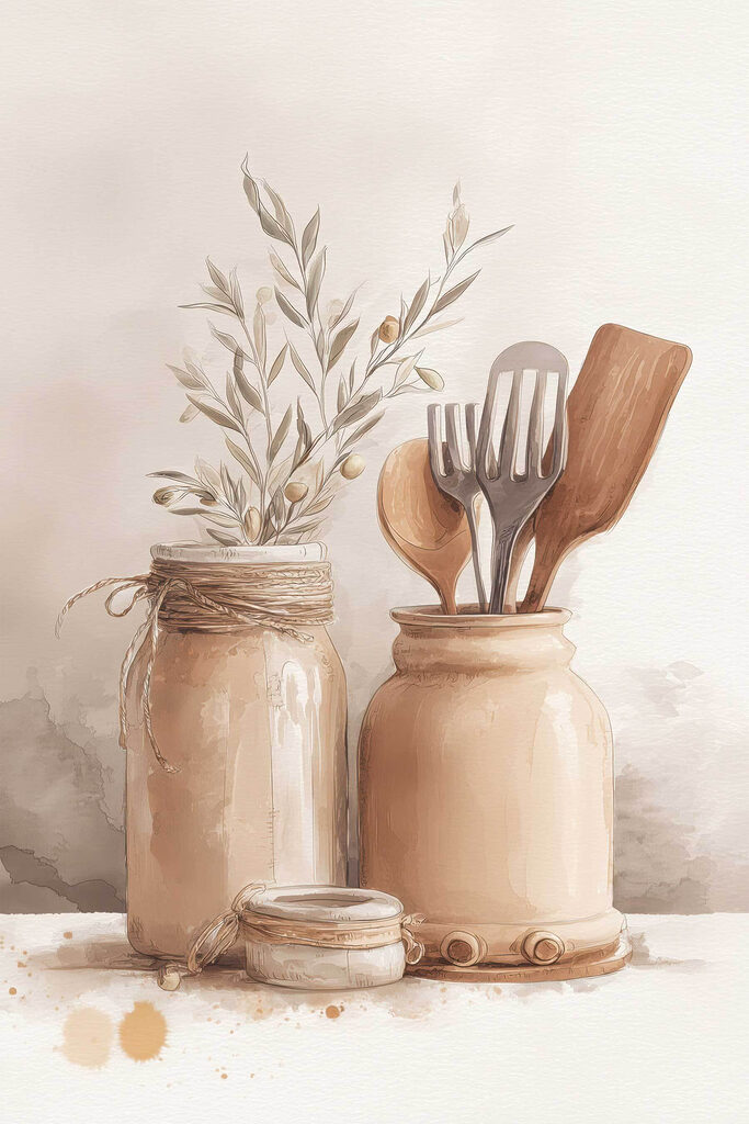 Painting of jars with utensils Painting of jars with utensils