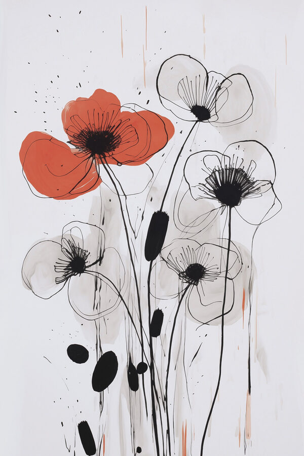 Painting of flowers with black and white ink