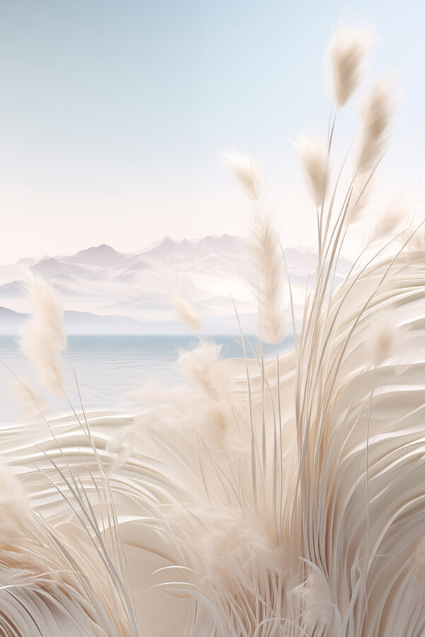 White grass with a mountain in the background White grass with a mountain in the background