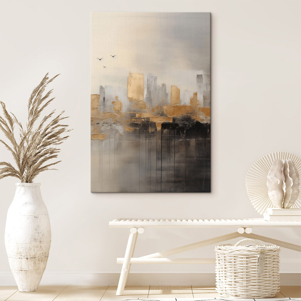 Painting of a city with birds flying in the sky