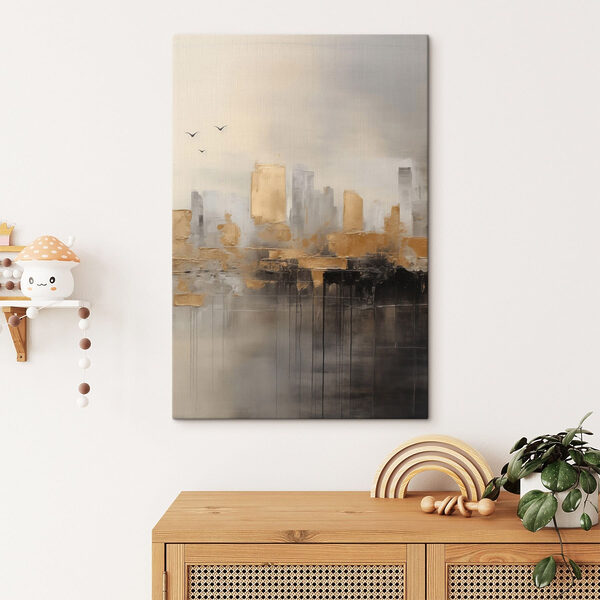 Painting of a city with birds flying in the sky