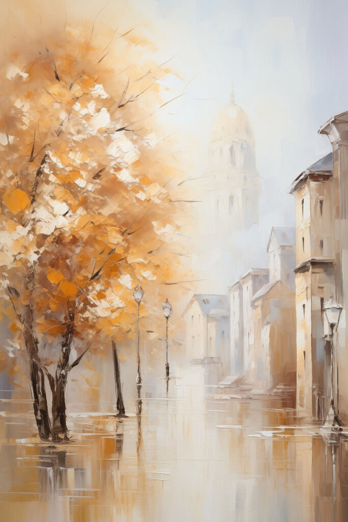 Painting of a street with trees and buildings in the background Painting of a street with trees and buildings in the background